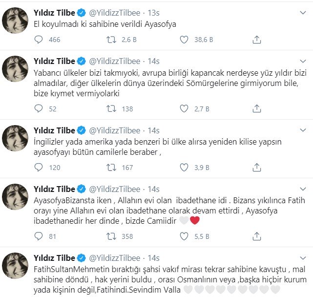 Yıldız Tilbe'den art arda Ayasofya tweet'leri #1