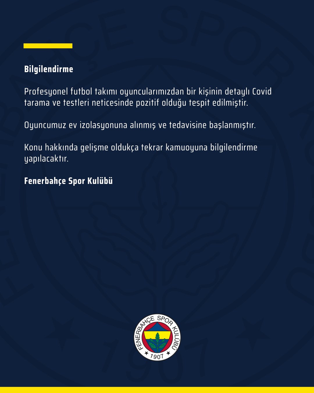 Fenerbahçe: 1 futbolcumuzun koronavirüs testi pozitif #1