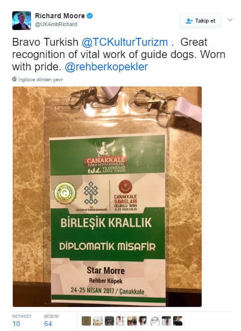 Rehber köpeğe akreditasyona büyükelçiden teşekkür